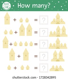 Math game with sandcastles. Summer mathematic activity for preschool children. Beach holiday counting worksheet. Educational addition riddle with cute element for kids