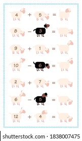 Math game sheet with additions and subtractions, simple mathematical fun with black sheep. Isolated comic vector illustration on white background.
