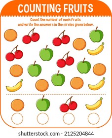 Math game template with counting fruits illustration