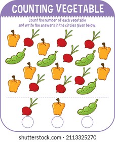 Math game template with counting vegetable illustration