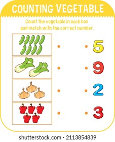 Math game template with counting vegetable illustration