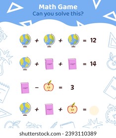 Math game template. Globe, books and apples. Preschool learning. Educational materials for children. Counting skills development. Poster or banner. Cartoon flat vector illustration