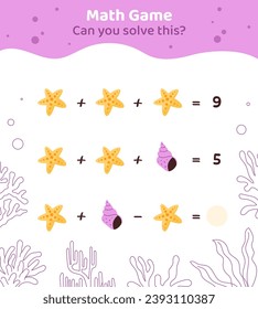 Math game template. Nautical star and seashell. Sea and ocean. Educational materials for children. Counting skills development. Graphic element for website. Cartoon flat vector illustration