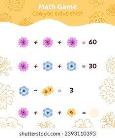 Math game template. Violet, blue and yellow flowers. Spring and summer. Educational materials for children. Counting skills development. Poster or banner. Cartoon flat vector illustration