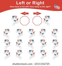 Math game worksheet with American Independence Day Theme. Count and write the result. Left or Right worksheet for Children. fun educational math worksheet. Vector illustrations file.