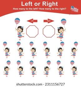Math game worksheet with American Independence Day Theme. Count and write the result. Left or Right worksheet for Children. fun educational math worksheet. Vector illustrations file.