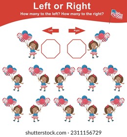 Math game worksheet with American Independence Day Theme. Count and write the result. Left or Right worksheet for Children. fun educational math worksheet. Vector illustrations file.