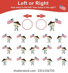 Math game worksheet with American Independence Day Theme. Count and write the result. Left or Right worksheet for Children. fun educational math worksheet. Vector illustrations file.