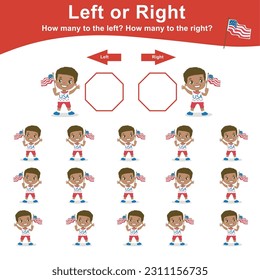 Math game worksheet with American Independence Day Theme. Count and write the result. Left or Right worksheet for Children. fun educational math worksheet. Vector illustrations file.