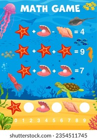 Hoja de cálculo del juego matemático. Animales de dibujos animados, peces y conchas. Dificultad para la educación, niños matemáticos de la hoja de cálculo del vector de prueba con estrellas, conchas y perlas, hebillas, peces oceánicos, personajes divertidos de tortugas