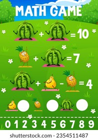 Math game worksheet cartoon fruit characters on yoga fitness. Vector mathematics or arithmetic riddle for children education and learning equations with funny watermelon, quince and pineapple sports