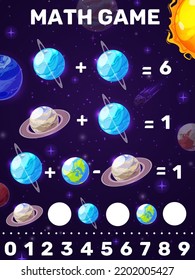 Hoja de cálculo del juego matemático. Planetas espaciales de la galaxia de caricaturas y estrellas. Rompecabezas educativos para niños con tareas de adición y resta, acertijo infantil o test de vector matemático con el sistema solar planetas Tierra y Saturno