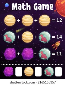 Math game worksheet, cartoon space planets education maze. Vector puzzle for addition or subtraction numeracy and mathematics skills development. Educational riddle activity, learn kids to count task