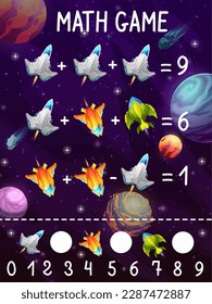 Hoja de cálculo de juegos matemáticos, naves espaciales de dibujos animados y naves de inanición en el espacio de galaxias, rompecabezas de preguntas sobre el vector. Cohetes espaciales y naves espaciales galácticas de fantasía y lanzaderas de galaxias con planetas en habilidades de recuento de juegos matemáticos