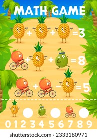 Math game worksheet cartoon tropical fruits sportsman characters. Vector mathematics riddle for children with cheerful pineapple, orange and pear outdoor summer sports and activities, learn arithmetic