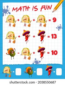 Math game worksheet with catoon Mexican tacos, avocado and chili pepper, vector education maze. Kids math puzzle with addition and subtraction of mathematics numbers and food