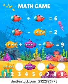 Math game worksheet. Submarine or bathyscaphe, underwater landscape. Children mathematical riddle, kids education game or puzzle vector worksheet puzzle with coral, seaweed, fish shoal on ocean bottom