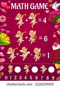 Hoja de cálculo del juego matemático, rompecabezas de nupcias valentinas Cupids contando puzzle. Juego de preguntas de vectores de la educación infantil con ejercicios de matemáticas en el marco de corazones de amor, flores de rosa rojo, regalos y caramelos