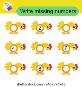 Math game. Write missing numbers. Activity page for preschoolers. Cartoon birds. 