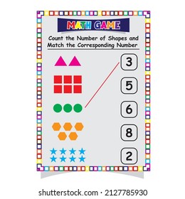 Math game.Count the shapes and match the corresponding number.for kids of pre-school math practice sheet printable version vector illustrations on A4.