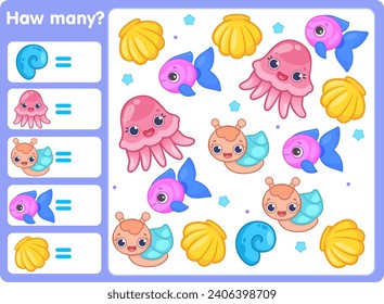 Math games for kids. How many. Count and connect. Counting sea animals. Learning to count. Learning cards for children. Math for children. Counting. Octopus, snail, shell, fish.