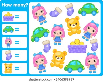 Math games for kids. How many. Count and connect. Counting toys. Learning to count. Learning cards for children. Math for kids. Counting. Car. Doll. Gifts. New Year. Christmas