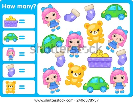 Math games for kids. How many. Count and connect. Counting toys. Learning to count. Learning cards for children. Math for kids. Counting. Car. Doll. Gifts. New Year. Christmas