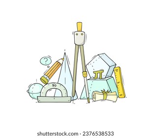 Math and geometry education in school. Geometric figures, ruler, compass, pencil and protractor. Cute doodle stationery objects, cone and sphere, vector hand drawn illustration