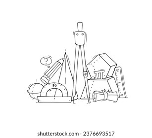 Math and geometry education in school. Geometric figures, ruler, compass, pencil and protractor. Cute doodle stationery objects, cone and sphere, vector hand drawn illustration