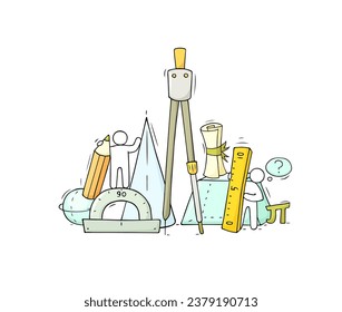 Math and geometry education in school. Geometric figures, ruler, compass, pencil and protractor. Cute doodle people with stationery, cone and sphere, vector hand drawn illustration