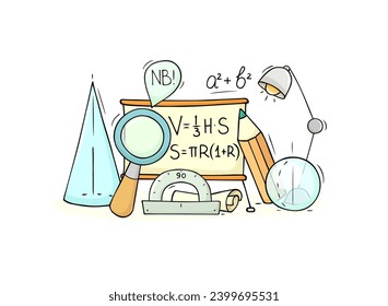 Math and geometry education in school. Geometric figures, magnifying glass, lamp and protractor. Cute doodle backdrop with stationery, cone and sphere, vector hand drawn illustration