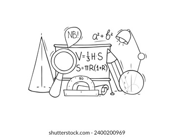 Educación en matemáticas y geometría en la escuela. Figuras geométricas, lupa, lámpara y protractor. Fondo de doodle con papel, cono y esfera, ilustración dibujada a mano vectorial