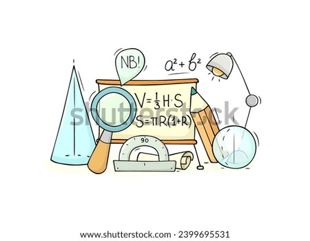 Math and geometry education in school. Geometric figures, magnifying glass, lamp and protractor. Cute doodle backdrop with stationery, cone and sphere, vector hand drawn illustration