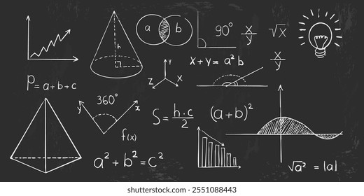 Math geometry graph and shapes on blackboard background. Set science doodle hand drawn sketch elements. Study theory formula, calculations.