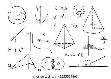 Math geometry graph and shapes on blackboard background. Set science doodle hand drawn sketch elements. Study theory formula, calculations.