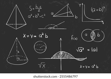 Math geometry graph and shapes on blackboard background. Set science doodle hand drawn sketch elements. Study theory formula, calculations.