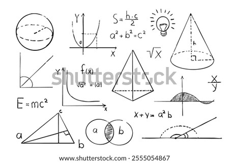 Math geometry graph and shapes on blackboard background. Set science doodle hand drawn sketch elements. Study theory formula, calculations.