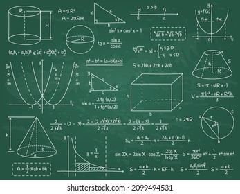 Math, Geometry Or Physics Calculation Formulas, Algebra Figures And Graphs. Doodle School Education Graphs Vector Illustration Set. Hand Drawn Formula Symbols. Science Lecture Or Lesson