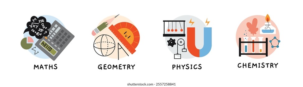 Math, geometry, physics and chemistry lesson at school, education concept. Round icon with attributes of exact and natural sciences. Trendy modern vector illustration, hand drawn, flat design