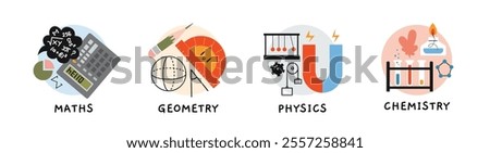 Math, geometry, physics and chemistry lesson at school, education concept. Round icon with attributes of exact and natural sciences. Trendy modern vector illustration, hand drawn, flat design