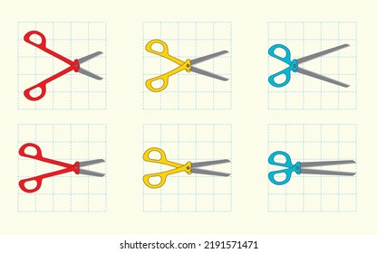 Math, geometry, science, physics. Force in vertical direction in physics. Open and semi-open scissors in three different colors, given unit lengths. ösym