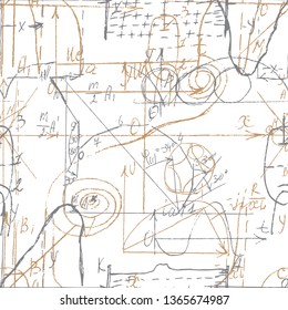 Math and Geometry seamless pattern with handwriting and drawing of various graph solutions. Geometry and mathematics subjects graphics. College lectures. Vector. 