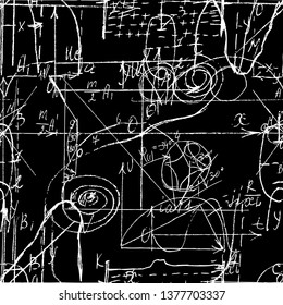 Math and Geometry seamless pattern with handwriting and drawing of various graph solutions. Geometry and mathematics subjects graphics. College lectures. Vector. 