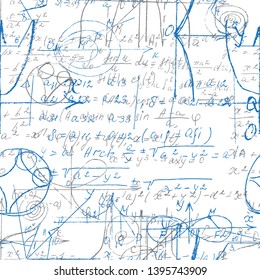 Math and Geometry seamless pattern with handwriting and drawing of various graph solutions. Geometry and mathematics subjects graphics. College lectures. Vector. 