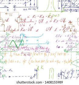 Math and Geometry seamless pattern with handwriting and drawing of various graph solutions. Geometry and mathematics subjects graphics. College lectures. Vector. 
