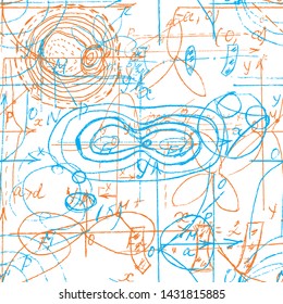 Math and Geometry seamless pattern with handwriting and drawing of various graph solutions. Geometry and mathematics subjects graphics. College lectures. Vector. 