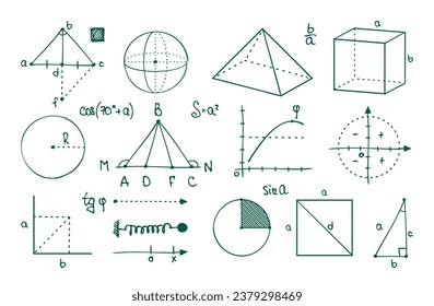 Math graphs. Parabolas, cosine, sine and tangent curves. Geometric figures and functions. Vector college algebraic symbols. Illustration of chart mathematics parabola