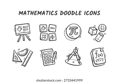 Math hand drawn illustration collection. Mathematics doodle icon set. Math education tools doodle vector elements. Scribble of Equation, formula, drawing compass, calculator, pi, shapes, ruler.