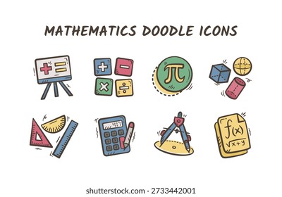Math hand drawn illustration collection. Mathematics doodle icon set. Math education tools doodle vector elements. Scribble of Equation, formula, drawing compass, calculator, pi, shapes, ruler.
