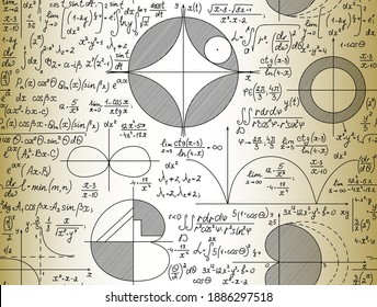 Math handwritten vector seamless pattern with formulas on the old yellow paper, technical manuscript with plots, equations